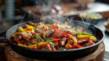 AI generated A sizzling skillet of fajita vegetables and meats, with steam rising photo