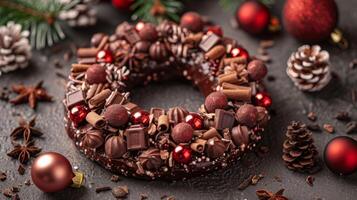 AI generated A chocolate wreath, decorated with cocoa nibs, festive indulgence photo
