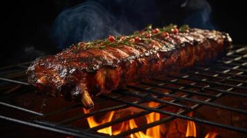 AI generated BBQ ribs on a grill, smoky and savory American comfort food photo