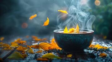 AI generated A steaming pot of aromatic herbal tea with loose leaves swirling photo