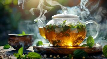 AI generated A steaming pot of herbal tea with leaves swirling around photo