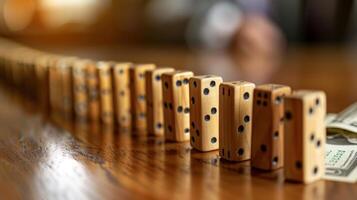 AI generated A series of dominoes with increasing piles of money, illustrating the effect of compound interest. photo