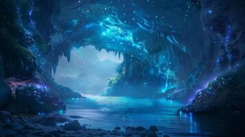 AI generated A hidden underwater cave entrance, bioluminescent creatures guiding the way photo