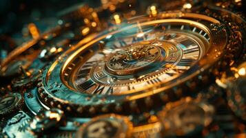 AI generated A time machine dial set to the future, with piles of money growing as the dial turns. photo