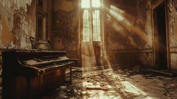 AI generated Haunting melodies emanating from an old piano in a deserted mansion photo