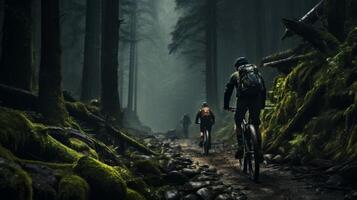 ai generado emocionante montaña andar en bicicleta sendero mediante un denso bosque foto