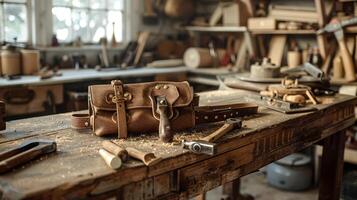 AI generated Carpenter's tool belt with hammer and saw on a workbench photo