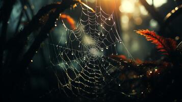 AI generated Spider web with dew in the forest, intricate wildlife detail photo