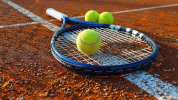 AI generated Tennis coach's racket and balls on a clay court photo