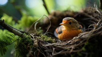 AI generated Close-up of a forest bird in its nest, intimate wildlife glimpse photo