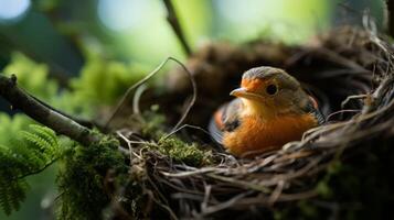 ai generado de cerca de un bosque pájaro en sus nido, íntimo fauna silvestre vislumbrar foto