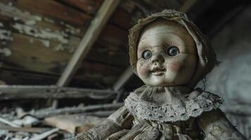ai generado un espeluznante, antiguo muñeca sentado solo en un ático, sus ojos siguiendo usted alrededor el habitación foto
