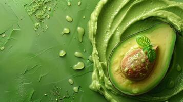 AI generated A fresh avocado being sliced open, with a swirl of guacamole beside it photo