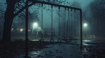 AI generated A chilling scene of an abandoned playground at night, with swings moving on their own photo