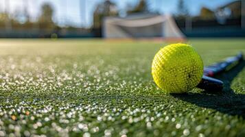 AI generated A field hockey stick and ball on the turf with the goal in the background photo