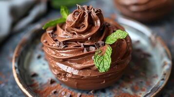 AI generated A plate of vegan avocado chocolate mousse with a mint garnish photo