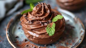 ai generado un plato de vegano aguacate chocolate mousse con un menta adornar foto