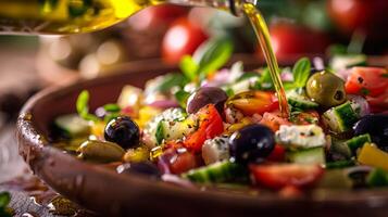 ai generado aceituna petróleo siendo rociado terminado un Fresco griego ensalada, con aceitunas rebote foto