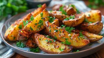 AI generated A plate of baked garlic parmesan potato wedges with parsley photo