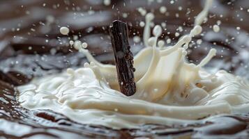 AI generated A scoop of vanilla beans colliding with a splash of creamy milk photo