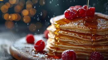 AI generated A waterfall of maple syrup cascading over a stack of fluffy pancakes photo