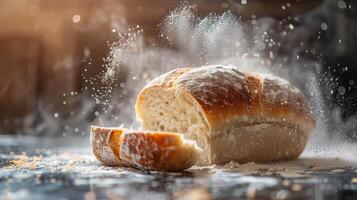 AI generated A fresh loaf of sourdough bread being torn apart, with steam escaping photo