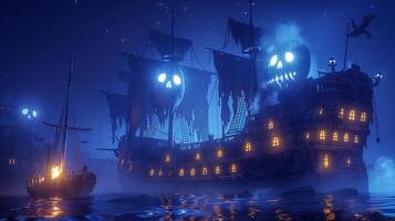 AI generated A haunted pirate ship with ghost crew, eerie cartoon 3D photo