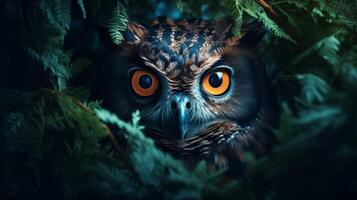 AI generated Owl's eyes in the forest at dusk, mysterious wildlife photo