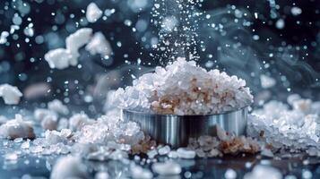 AI generated A grinder spilling out a cascade of fresh sea salt crystals photo