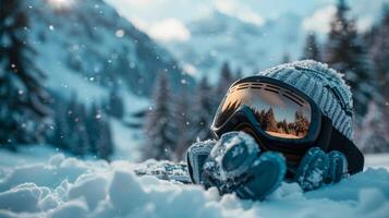 ai generado un par de esquí gafas de protección, guantes, y un sombrero en Fresco montaña nieve foto