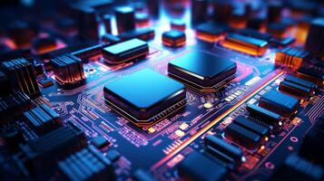 AI generated Close-up of a futuristic circuit board, neon lights, high-tech feel photo