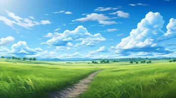 AI generated Lush wide grass field with a vividly clear sky overhead photo