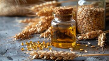 AI generated A bundle of wheat and a bottle of wheat germ oil, golden drops photo
