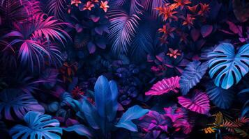 AI generated Neon urban jungle with digital wildlife and vibrant plants, photo