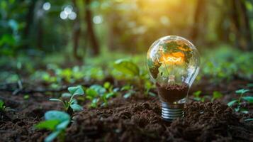 AI generated Sustainable world lightbulb with earth design in soil, blurred forest background photo