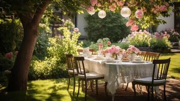 ai generado festivo verano jardín fiesta configuración, elegante al aire libre comida foto