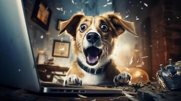 AI generated Humorous scene of a dog character shocked by computer news or results photo