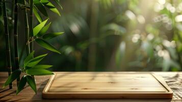 AI generated A stalk of bamboo next to a bamboo cutting board, nature repurposed photo