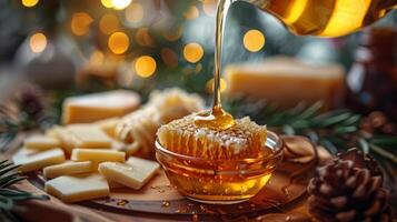 ai generado un maceta de oro miel siendo vertido terminado un queso plato foto