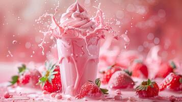 ai generado un chapoteo de rosado fresa malteada con un remolino de azotado crema foto