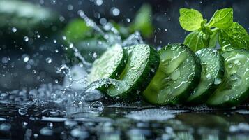 ai generado un Fresco Pepino siendo Cortado, con un chapoteo de frio agua gotas foto