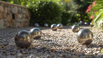 ai generado un petanca conjunto con metal pelotas y cochonnet en grava foto