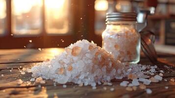 AI generated A pile of salt crystals beside a shaker of table salt, crystalline purity photo