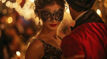 AI generated Elegant masquerade ball with masks and gowns photo