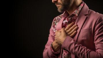 AI generated Close-up of a person coughing into their elbow, illness etiquette photo