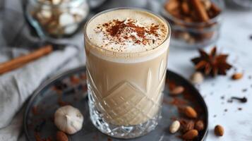 AI generated A glass of almond milk chai latte with a sprinkle of nutmeg photo