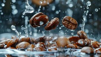 AI generated Freshly roasted coffee beans tumbling down with a splash of hot water photo