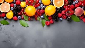 AI generated Fresh summer fruits on a bright background, space for text photo