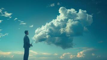 ai generado un hombre en un traje utilizando un pescar varilla a captura en forma de nube ideas en el cielo foto