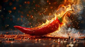 AI generated A fiery pepper being sliced, with a flare of spice particles around it photo